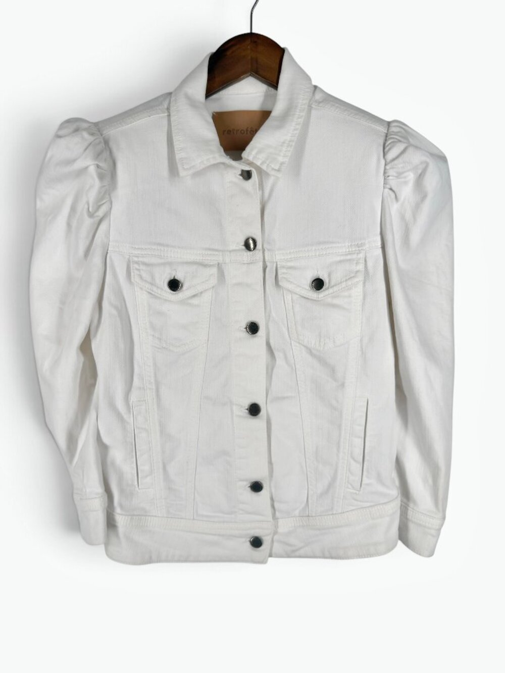 Retrofete Ada White Denim Jacket Puff Sleeves Size XS